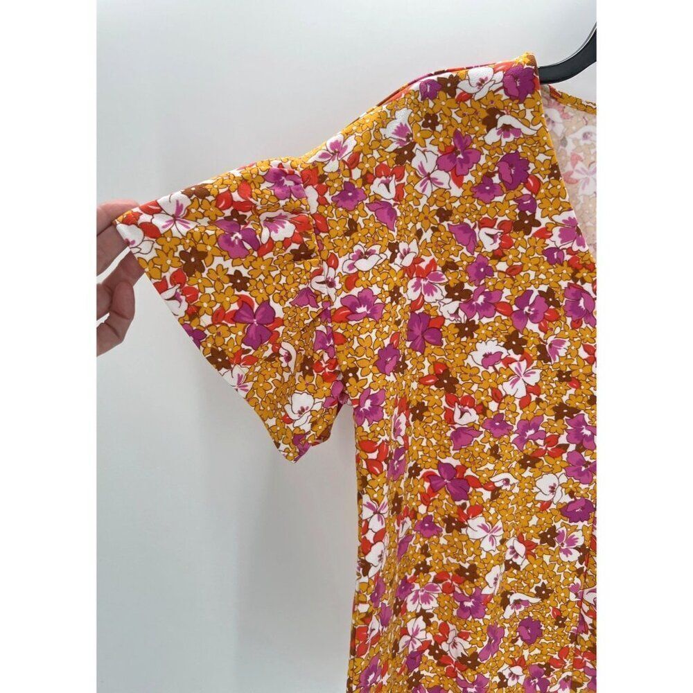 Ann Taylor XS Floral V-Neck Blouse Retro Short Sleeve Yellow Pink New - Picture 3 of 8